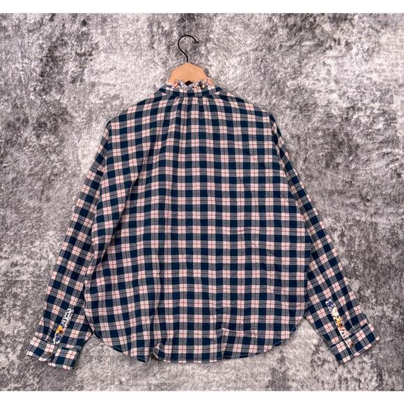 Anthropologie Top Medium Womens Pilcro Button Up Plaid Oversize Blue Pink Check - Picture 3 of 8